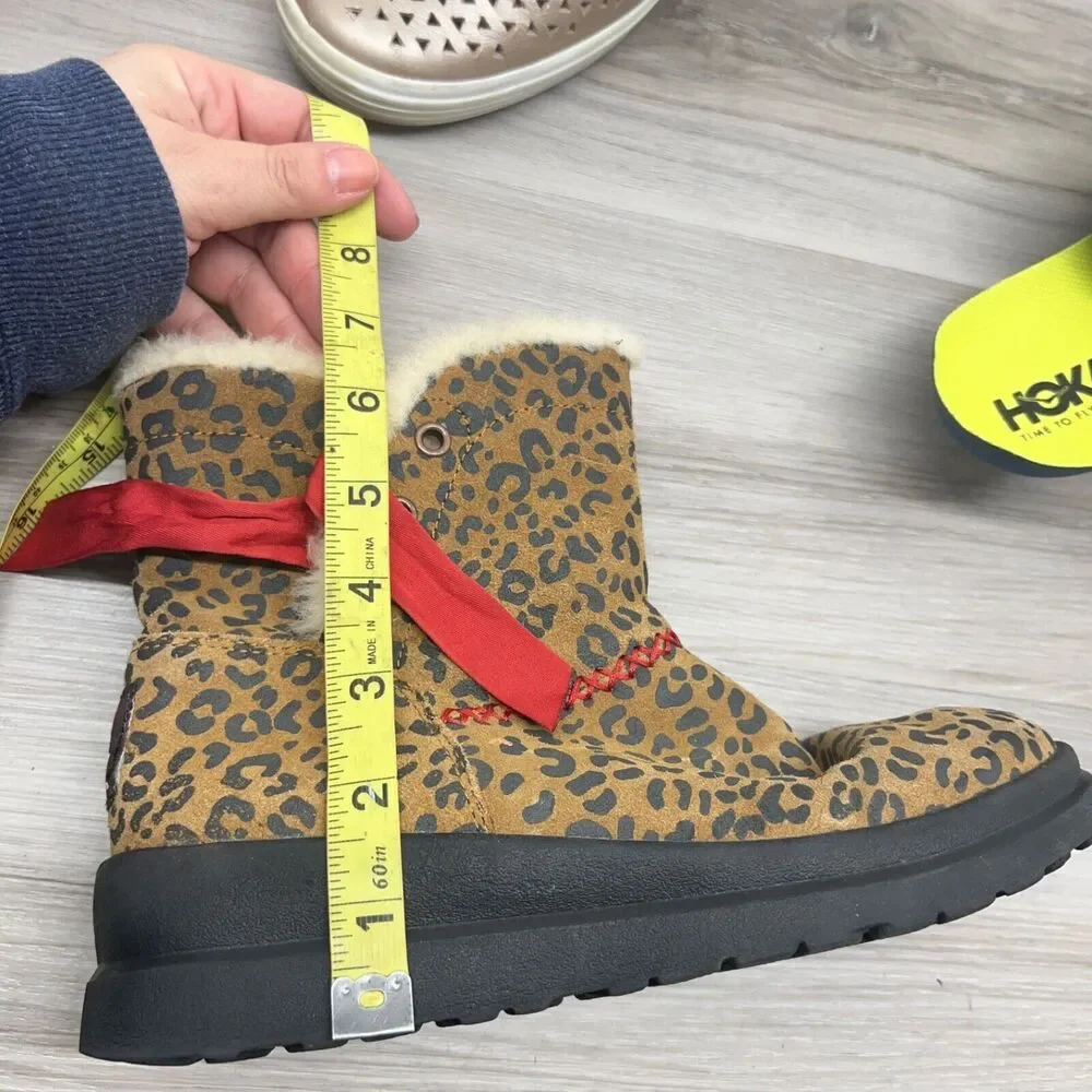 UGG‎ I Love Ugg Leopard Print Boots Size 6 Womens Pull On Red Ribbon